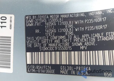 2015 Toyota Sienna Le 8 Passenger из США, поврежденный, VIN 5TDKK3DC1FS550015